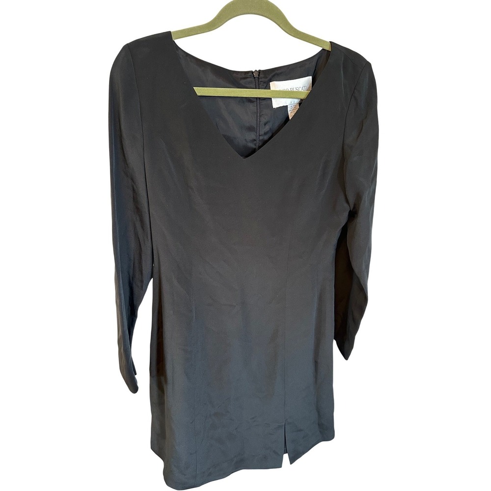 Hugo Buscati Collection Black 100%‎ Silk V-Neck Long Sleeve Mini Dress Womens 10